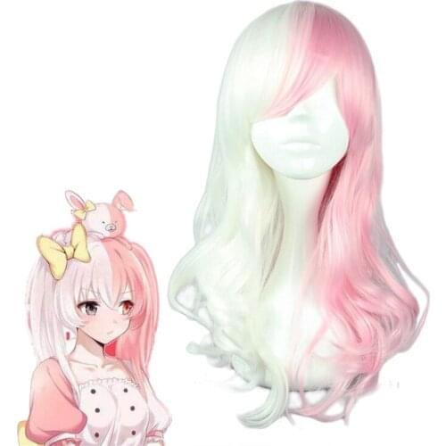 Anime Danganronpa Monomi Women Long Curly Wig Cosplay Costume Dangan Ronpa White Pink Heat Resistant Synthetic Hair Wigs