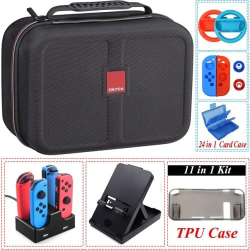 11 in 1 Accessories Nintend Switch NS Carrying Storage Bag Joystick Handle Grips Charger+ Silicone Case Caps for Nintendo Switch
