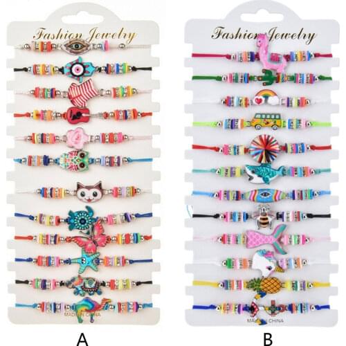 12pcs Kids Girls Bracelet Boho Adjustable Animal Pendant Beaded Woven Friendship Bracelets Set for Prize Party Favors