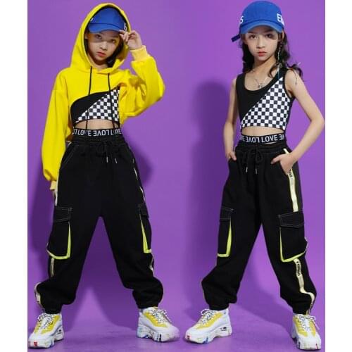 2021 Children Jazz Dance Costumes For Kids Yellwo Hoodie Hiphop Pants Ballroom Hip Hop Clothing Performance Dancewear DQS6754
