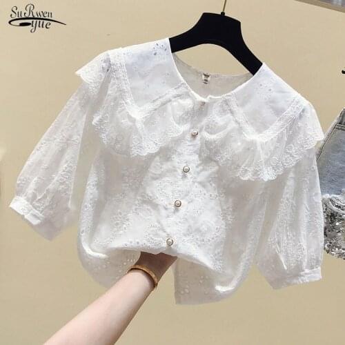 2021 Summer French Hollow Out Peter Pan Collar Blusa Shirts Lace Embroidery Blouse Women Elegant Short Sleeve Female Top 15010