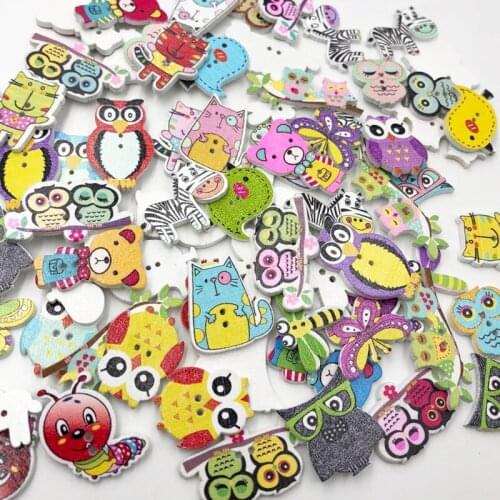 50pcs 2 Holes Assorted Random Mix white background Round and Animals Pattern Cartoons Wood Sewing buttons decorative WB528