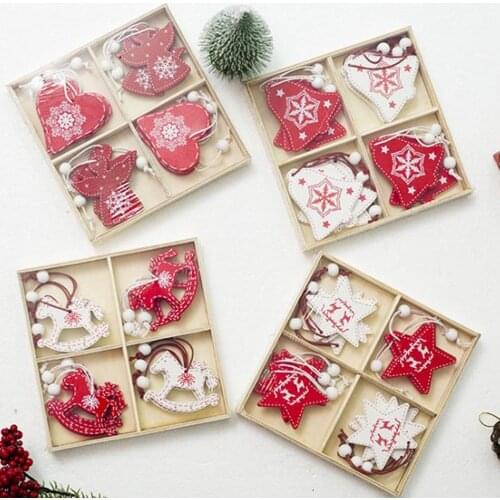 8PCS or 12PCS DIY Snowflakes Elk Trojan Christmas Wooden Pendants Ornaments For Xmas Tree Ornaments Party Decorations Kids Gift