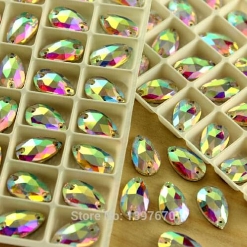 AB colors glass crystal teardrop shape 4 sizes flatback with two holes sew on rhinestone beads dress shoes bags garment trim diy