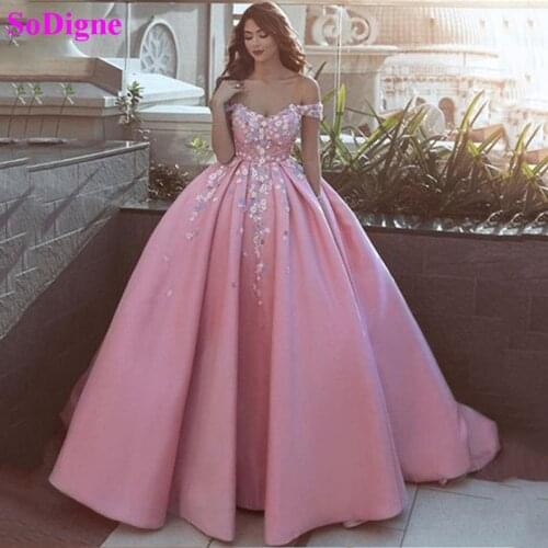 SoDigne Satin Quinceanera Dresses 2020 3D Flower Off The Shoulder Sweet 16 Year Princess Dresses with Pocket Party Gowns