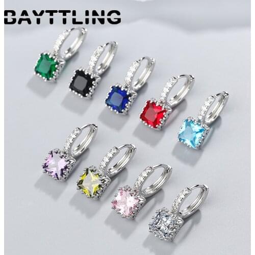 BAYTTLING 925 Sterling Silver 20MM High Quality Multicolor Square Zircon Pendant Earrings For Women Fashion Jewelry Gifts