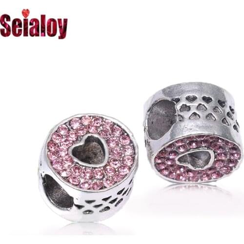 Seialoy 2Pcs Shiny Rhinestone Heart Beaded Round Charm Fit Original Brands Bracelets For Women Diy Jewelry Beads Accessories
