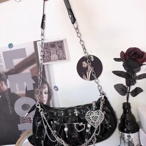 Black Gothic Stylist Hip-hop Cool Girls Hobos Bags Womens Original Designer Brand Handmade Cross Patent-leather Shoulder Bags