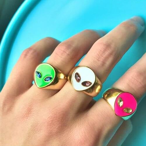 Punk Metal Geometric Alien Rings Gold Color Alien Face Head Crystal Rings For Women Trendy New Design Jewelry Gift