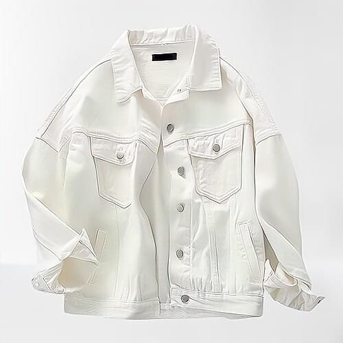 Denim Jacket for Women White Color Bomber Jeans Coat Outwear Tops A9025 BF Style Loose Turn-down Collar Outerwear & Coats Cotton