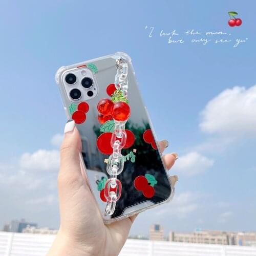 Cute Cherry Pattern Design Phone Case with Wrist Chain Pendant for iPhone 12 Girls Mirror Cover for iPhone 11/7/8/XS/X/XR