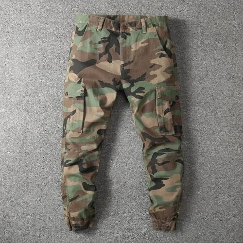 217 Autumn Men Camouflage Cargo Pants Sport Outdoor Military Style Tracksuit Casual Straight Multi-Pocket Tie-Feet Trousers Male