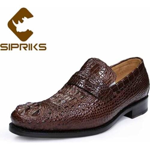 Sipriks Mens Dark Brown Alip-on Shoes Crocodile Skin Dress Shoes Italian Handmade Leather Outsole Casual Formal Shoes Retro 45