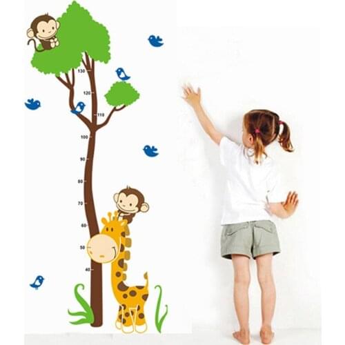 Height Measure Wall Stickers for Kids Cartoon Animal Monkey Giraffe Bird Tree Vinyl Mural Decals Nursery Room Decor