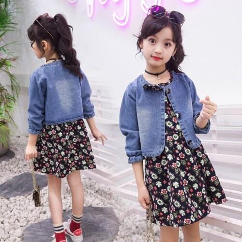 2020 Spring Girls Denim Jackets + Sleeveless Floral Skirt 2pcs Clothing Sets Children Casual Clothes Sets 2-12T