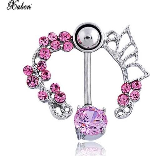 Wholesale and retail 2 pcs/lot white Pink Butterfly Crystal Flower Belly Ring Navel Studs Body Piercing Jewelry