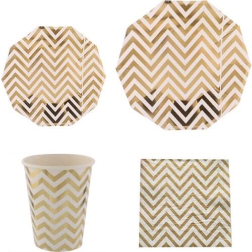 Factory Wholesale 7/9Inch Candy Strip Golden Plates Cups Napkins Sets Gold Silver Wavy Dinner Sets