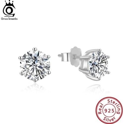 ORSA JEWELS Pure Sterling 925 Silver Stud Earing Hexagon Design Classic 6 Prong Setting Elegant Brincos For Women SE335