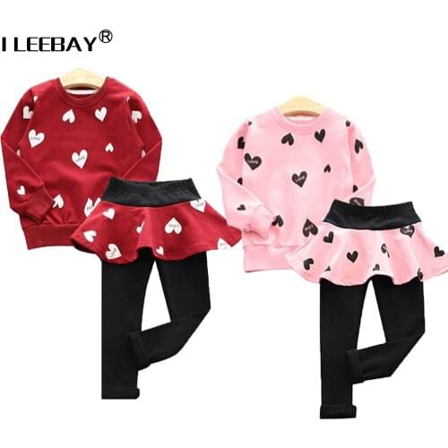 Autumn 2018 Baby Girls Clothing Sets 2 Pieces Full Sleeve Shirt+Skirt Fashion Dress Heart Printed Teenager Cute Girls Clothes