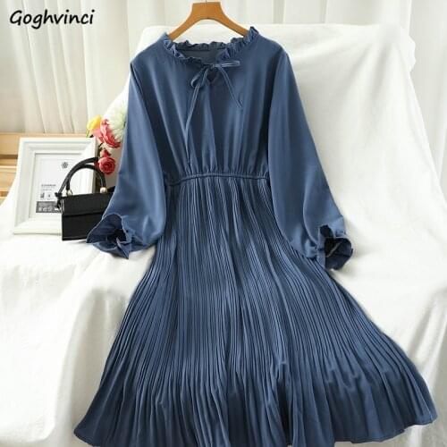 Dress Womens Bow Collar Pleated Drape Long Sleeve Elastic High Waist Leisure Daily Ulzzang Simple Elegant Kawaii Female Popular