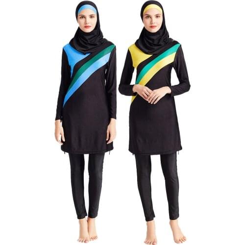 Stitching hooded conservative muslim swimwear beachwear high elastic slim body modest swimsuit three-piece Islamic burkini