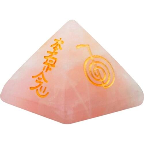 TUMBEELLUWA Pink Quartz Pyramid Engraved Usui Reiki Symbol,Crystal Point Healing Chakra Figurine