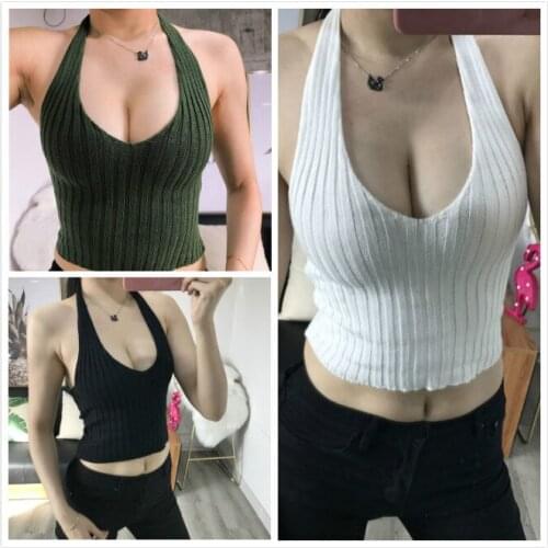 Sexy Navel Backless Women Summer Camisoles Plain Fitness Yoga Top Hanging Neck Off Shoulder Knitted Tops