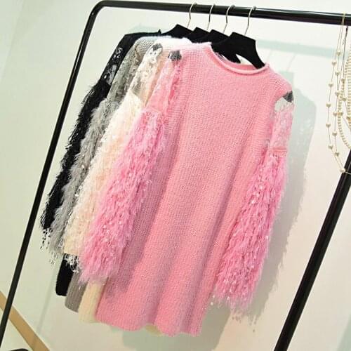 Sweater womens new autumn and winter lace strapless fringed fur long-sleeved mid-length knitted slim pullover women sweater