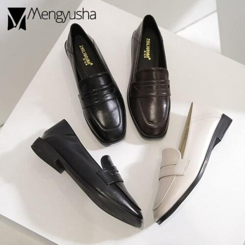 Preppy style leather band oxford shoes woman square toe anti-slip derby flats female solid beige brogues big size 43 loafers