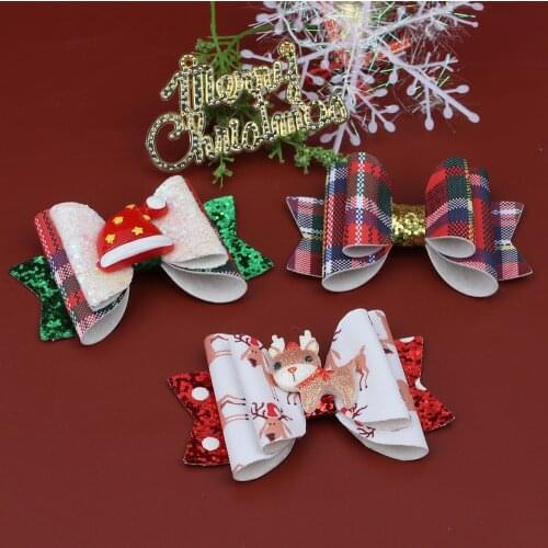 Cheer Bows 3" Glitter Hair Clips Christmas Hat Reindeer Hair Bows Pins for Baby Girls Duckbill Clips Baby Hairgrips Accessories