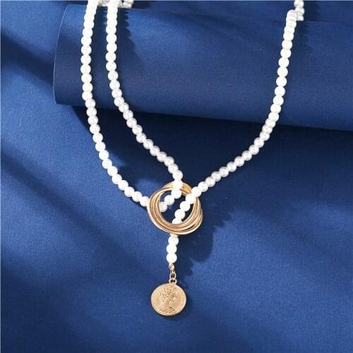 Vintage Pearl Wrap Geometric Metal Necklace for Women Wedding Party Long Knot Pearls Portrait Coin Necklaces Jewelry Gift