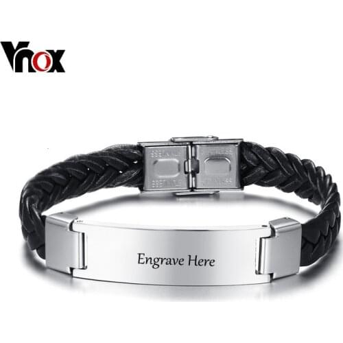 Vnox 12mm Mens ID Bracelet Free Engraving Stainless Steel Identification Cuff Bangle Braided Leather Casual Classic Male Jewelry