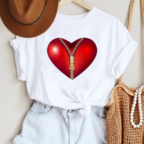 Fun red love zipper print womens blouse summer white womens blouse short-sleeved womens round neck T-shirt