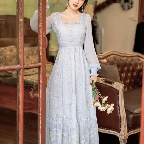 Women Dress 2021 Spring Autumn Chic French Vintage Elegant Retro Square Collar Pearl Buckle Embellished Design Vestido De Mujer