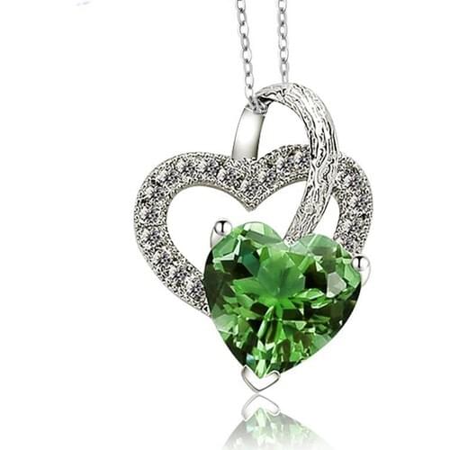 Enes Store Silver Emerald green Zircon Double Heart Women Silver Necklace