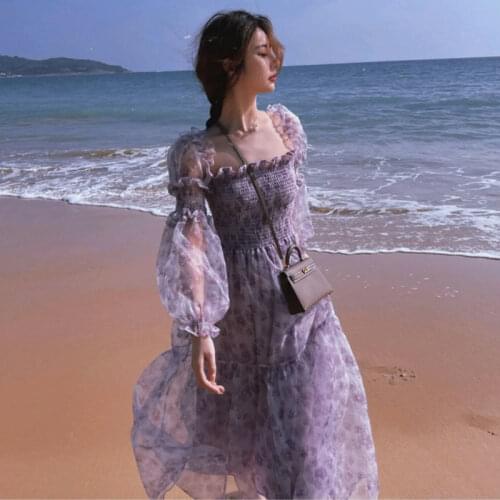 Summer Korea Niche Design Gentle Fairy Floral Chiffon Dress French Slim Square Collar Lace Mesh Chic Elegant Woman Midi Dress