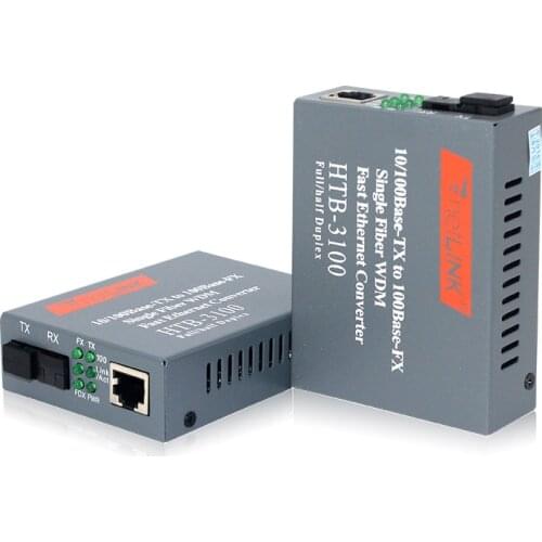 1 Pair HTB-3100AB 20KM AB 10/100Mbps Fiber Optical Media Converter Single Mode Single Fiber SC Port A 1310nm-TX, B 1550nm-TX