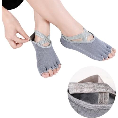 1 Pair Women Anti Slip Sports Yoga Socks with Grips Five Finger Toeless X Bandage Slippers Sock for Gym Fitness Pilates Ballet