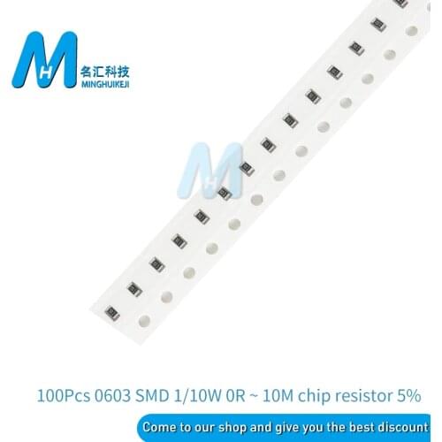 100Pcs 0603 SMD 1/10W 0R ~ 10M chip resistor 5% 0 10R 100R 220R 330R 470R 1K 4.7K 10K 47K 100K 0 10 100 330 470 ohm
