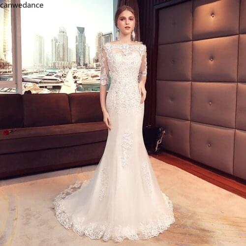 2020 White Mermaid Wedding Dresses with Sleeve Boat Neck Boho Bride Dress Lace Up Back Elegant Wedding Gowns Simple