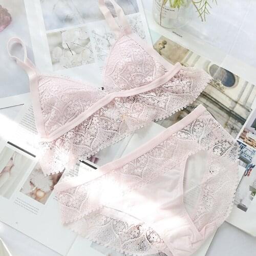 2021 sexy lace brassiere wirefree girl bralette with underpants set triangle cup bra briefs student bra set