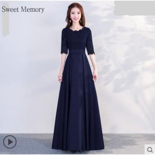 F2119-79 Sweet Memory Champagne Black Navy Blue Prom Dresses 2021 Summer Party Dress Lace Half Sleeve Satin Vintage Wedding Gown
