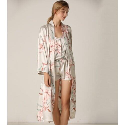 Satin Print Flower 3PCS Sleepwear Sexy Kimono Gown Women Nighty&Robe Suit Bathrobe Intimate Lingerie Silky Nightwear Nightgown