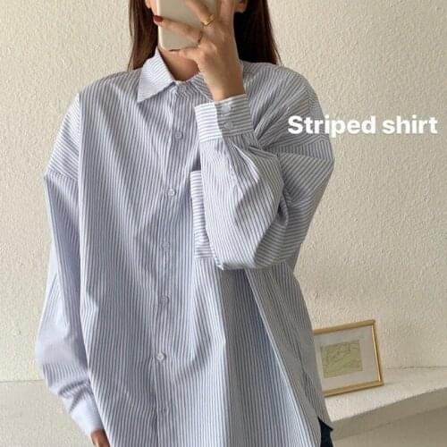 Deeptown 2021 Spring Autumn New Striped Long-Sleeve Shirt Female Korean Style Cotton Women Blouses and Tops Fashion Office Lady