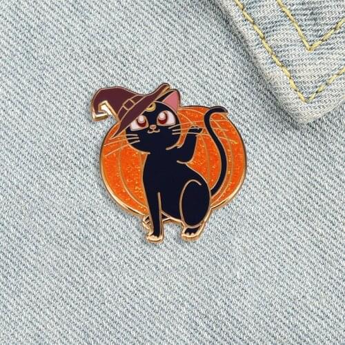 Cute Black Cat Luna Witch Enamel Pin Glitter Cartoon Pumpkin Plant Badge Cat Brooch Funny Halloween Accessories Friends Gift
