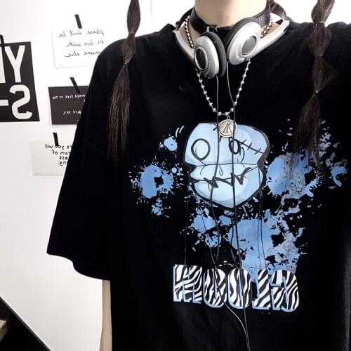 Japanese Dark Grunge Pattern Print Loose Women T-Shirt Summer Korean Fashion Harajuku Unisex Vintage Hip Hop Tops Black Clothes