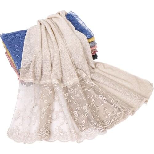 Cotton Hijab Lace Scarf Women Floral Plain Maxi Shawls Muslim Bandanas Fashion Islamic Turban Large Bead Wraps Female Headband