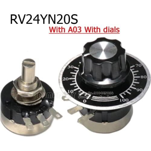 1sets (3PCS) RV24YN20S 1K 2K 5K 10K 50K 100K 500K Ohm Single Turn Carbon Film Rotary Taper Potentiometer With A03 Knob Dials