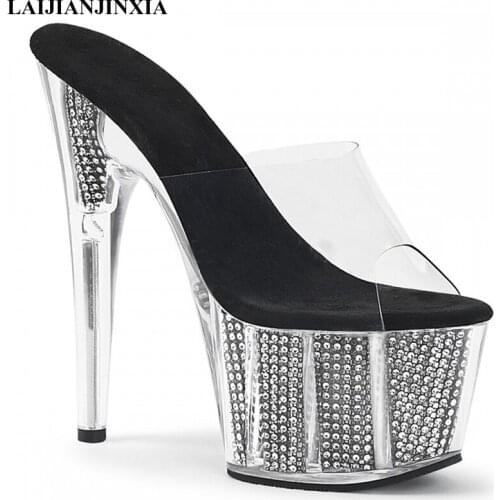 LAIJIANJINXIA New Custom-Made Plus Size Full Clear 15cm Sexy High Heel Crystal Sandals Platform High Heel Shoes Party Slippers