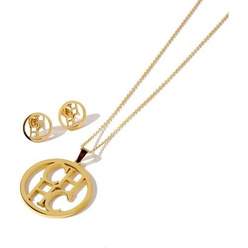 Hot Supply High Quality Openwork Letter CH Set Earrings Linked Design Round Pendant Necklace For Women Men Steel Jewelry